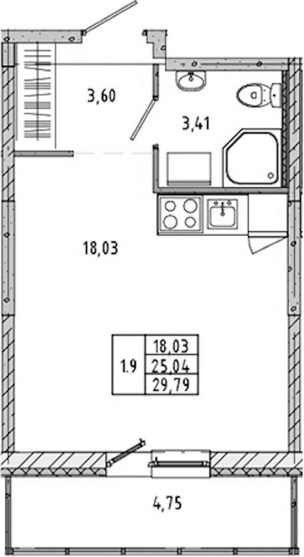 Квартира студия 24.86 м², 5/17 эт., ЖК «Новые горизонты 2»
